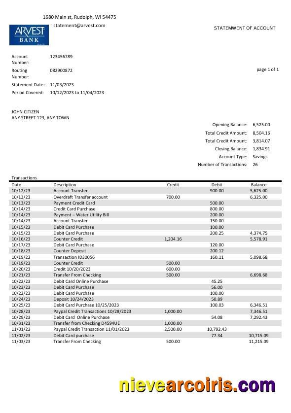 USA Arvest bank statement Word and PDF